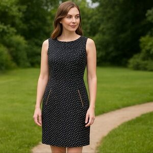 Liz Claiborne Black White Geo. Polka Dot Sheath Dress Gold Zip Pockets Sz 12